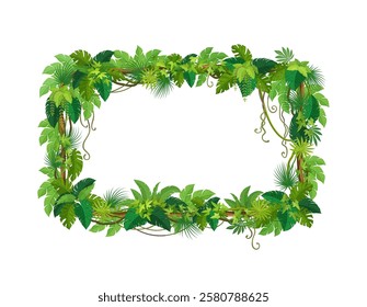 Liana frame of tropical jungle ivy or rainforest vine leaves and branches, vector background. Liana vine or ivy leaf frame with borders of monstera leaves, tropical creeping tree or jungle bindweed