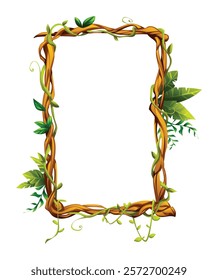 Liana frame with tropical leaves and twisting vines. Ideal for jungle themes. Vector cartoon illustration