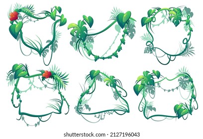 Liana frames, cartoon jungle vines, tropical branch borders. Vector Amazon rainforest thicket. Tropic forest plant leaves and flowers, climbing and hanging green tree foliage spinney isolated set