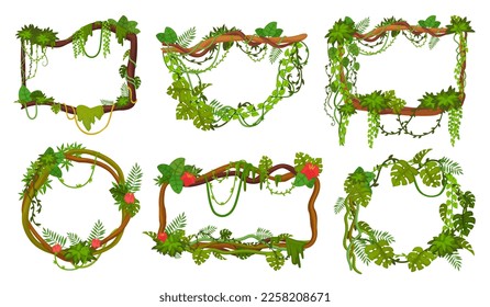 Liana frames. Rainforest thicket frame for game ui, cartoon jungle creeper on branches, creeping rope vines plant tropical vegetation foliage, set ingenious vector illustration of liana jungle frame