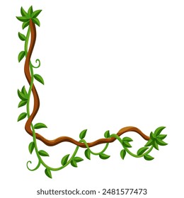 Liana jungle frame. Rainforest liana wild greenery. Cartoon plant, creeper branch. Grass and wood leaf sign. Botany texture. Vector forest game element