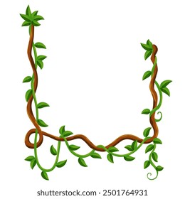 Marco de la selva de Liana. Selva tropical liana verde salvaje. Planta de dibujos animados, rama enredadera. Hierba y letrero de hojas de madera. Textura botánica. Elemento de juego de bosque de Vector