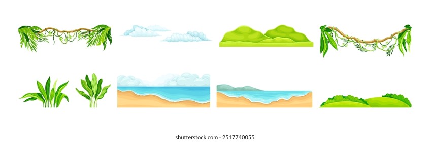 Liana, Shore, Cloud and Bush as Tropical Landscape Element Vector Set