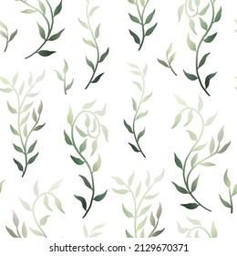 Liana spreads olive green leaves creeper seamless pattern on white background vector illustration for linen, fabrics, textile material, menu, wedding, save the date, textile fabric print