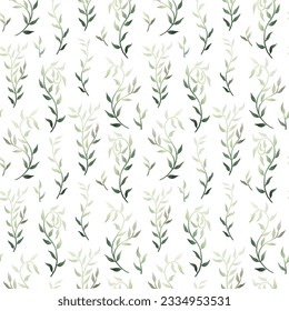 Liana spreads olive green leaves creeper seamless pattern on white background vector illustration for linen, fabrics, textile material, menu, wedding, save the date, textile fabric print Stock Vector