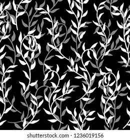 Liana spreads white and gray leaves creeper seamless pattern on black background monochrome vector illustration for linen, fabrics, textile material