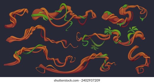 Liana giraba y enredaba una rama con hojas verdes y musgo. Videojuegos de dibujos animados de vid de planta de escalada larga en la selva para decoración de fronteras. Conjunto de ilustraciones vectoriales de tallo de árboles de bosque lluvioso con follaje.