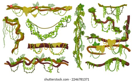 Liana thicket. Wood branches with creepers, hanging jungle liana rope ivy vines wire forest plant game asset, leaf decoration climbing floral stem, ingenious vector illustration of liana wood plant