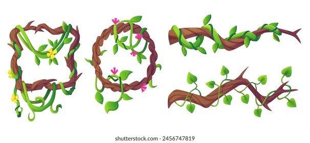 Marcos y bordes de liana para diseño de ui de juego. Conjunto de Ilustración vectorial de dibujos animados de la rama de la planta de hélice de la selva con vegetación trepadora verde con hojas y flores. Selva tropical trepando partes de árboles.