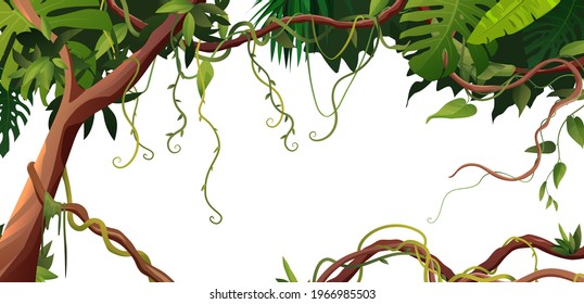 Liana or vine winding branches with tropic leaves background. Cartoon vector illustration. Jungle tropical climbing plants.