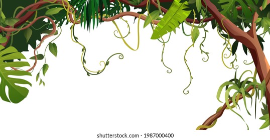 Ramas serpenteantes de liana o vid con fondo de hojas tropicales. Ilustración vectorial de dibujos animados. Plantas de escalada tropical de la jungla.