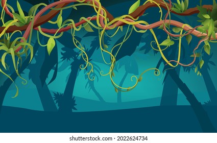 Liana or vine winding branches with tropic leaves background. Cartoon vector illustration. Jungle tropical climbing plants.