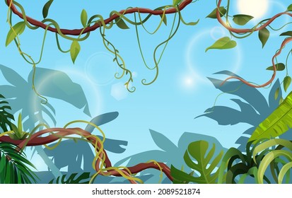 Liana or vine winding branches with tropic leaves background. Cartoon vector illustration. Jungle tropical climbing plants.