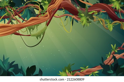 Liana or vine winding branches with tropic leaves background. Cartoon vector illustration. Jungle tropical climbing plants.