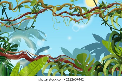 Liana or vine winding branches with tropic leaves background. Cartoon vector illustration. Jungle tropical climbing plants.