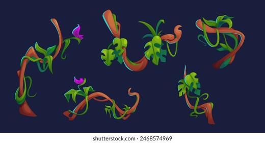 Liana vines set isolated on black background. Vector cartoon illustration of exotic tree branches with green leaves and color flowers, jungle nature plants, tropical rainforest design elements