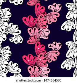 Lianas seamless pattern from abstract flowers. Pink and white vertical patterns on a dark background.