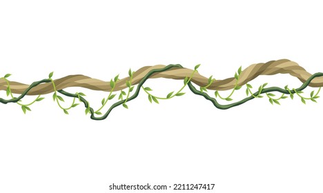 Borde de tallo de Lianas. Vena verde de selva tropical o planta torcida colgando de la rama. Cañón de la jungla de dibujos animados, hojas o musgo en el árbol. Elemento de paisaje de juego aislado vectorial. Planta de naturaleza tropical