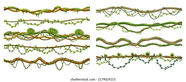 Lianas con tallo en la frontera. Vinos verdes de selva tropical o plantas torcidas colgando de la rama. Ramas de la jungla de dibujos animados, hojas y musgo en el árbol. Elementos de escenario de juegos aislados por vectores