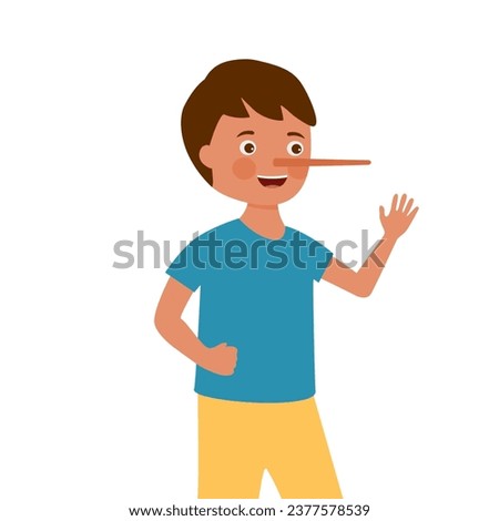 Liar boy with long nose in flat design. Dishonest child hiding the truth