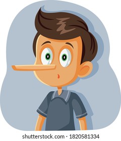 Liar Boy with Long Nose Vector Cartoon. Dishonest child getting caught on hiding the truth 
