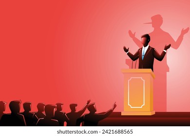 A liar businessman speaking on podium. Vector illustration of business concept.