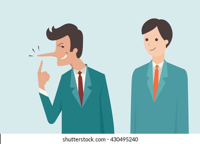 Liar businessman who has long nose with his cheating facial expression. Vector illustration business concept of cheating, lying, metaphor to Pinocchio's nose. 