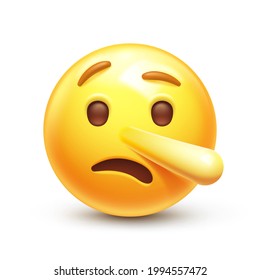 Liar emoji. Pinocchio emoticon with long nose, lying yellow face 3D stylized vector icon