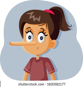 Liar Girl With Long Nose Vector Cartoon. Dishonest Child Getting Caught On Hiding The Truth 
