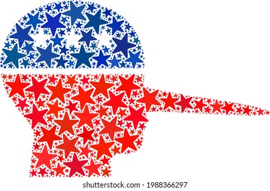 Liar head composition of stars in variable sizes and color shades. Liar head illustration uses American official blue and red colors of Democratic and Republican political parties, and star shapes.