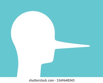 Liar head with long nose. Abstract silhouette on turquoise blue. Deceit, crook, cheater, lie, false and infidelity concept. Flat design. EPS 8 vector illustration, no transparency, no gradients