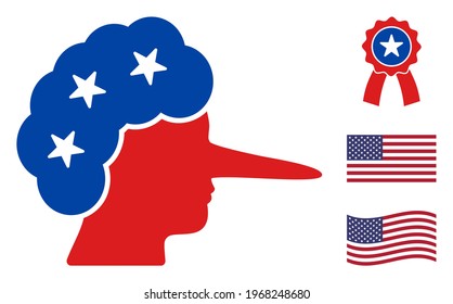 Liar icon in blue and red colors with stars. Liar illustration style uses American official colors of Democratic and Republican political parties, and star shapes. Simple liar vector sign,