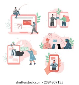 Liar and Internet Fraud with Man Deceiving or Misleading Steal Money Vector Set