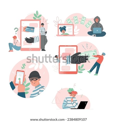 Liar and Internet Fraud with Man Deceiving or Misleading Steal Money Vector Set