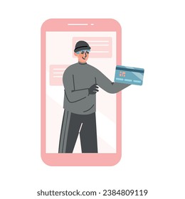 Liar and Internet Fraud with Man Thief from Smartphone Screen with Credit Card Steal Money Vector Illustration