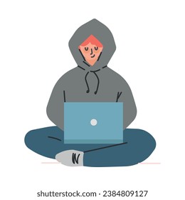 Liar and Internet Fraud with Man Thief at Laptop Steal Money Vector Illustration