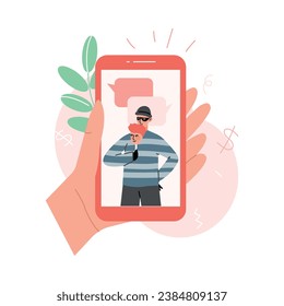 Liar and Internet Fraud with Man Thief Steal Money from Smartphone Vector Illustration