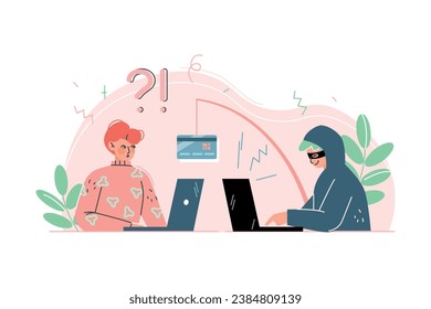 Liar and Internet Fraud with Man Thief at Laptop Steal Money from Card Vector Illustration
