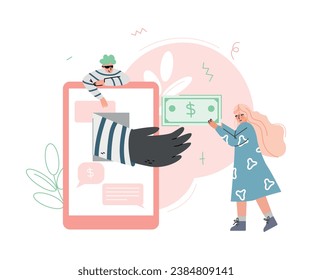 Liar and Internet Fraud with Tablet and Man Thief Steal Money Vector Illustration