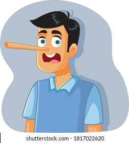 Liar Man With Long Nose Vector Cartoon. Dishonest Guy Getting Caught On Hiding The Truth 
