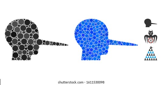 Liar mosaic of filled circles in different sizes and color hues, based on liar icon. Vector random circles are composed into blue mosaic. Dotted liar icon in usual and blue versions.
