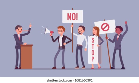 Liar and people protesting. Man misleads, cheats in audience, tells lies in public speech, nose grows longer, crowd holding signs, banners to stop dishonesty. Vector flat style cartoon illustration