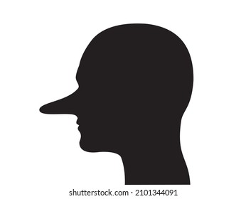 Liar - person with extended, long nose as metaphor of person who lies and tell false untruth. Head silhouette. Vector illustration isolated on white.