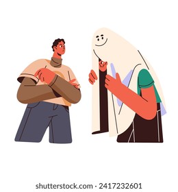 Mentiras mentirosas, disfrazan amigos. Hipócrita que esconde la cara real, emociones detrás de la máscara. El impostor oculto simula una amistad falsa. Concepto de hipocresía. Ilustración vectorial aislada plana sobre fondo blanco