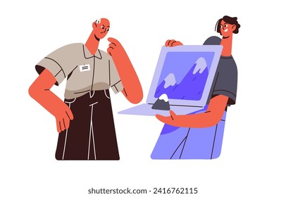 Liar promises the golden mountains. Insincere student shows school project for teacher evaluate. Impostor presenting illusion, dishonesty. Hypocrisy concept. Flat isolated vector illustration on white