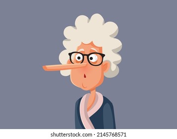 
Liar Senior Woman with Long Nose Vector Cartoon. Elderly person telling lies being caught red handed
