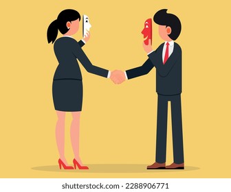 Liar or suspicion fraud, betrayal or disguise deal. business man and women handshake both holding mask to hide real thought, fake agreement