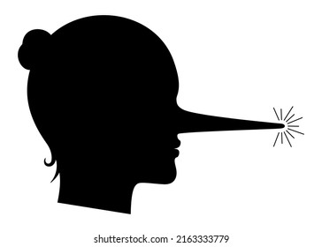 Liar woman with a long nose, black silhouette concept vector illustration.