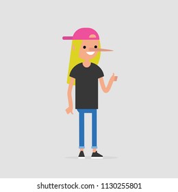 Liar. Young character with a long nose. Cheater. Concept. Flat editable vector illustration, clip art