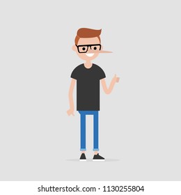 Liar. Young character with a long nose. Cheater. Concept. Flat editable vector illustration, clip art